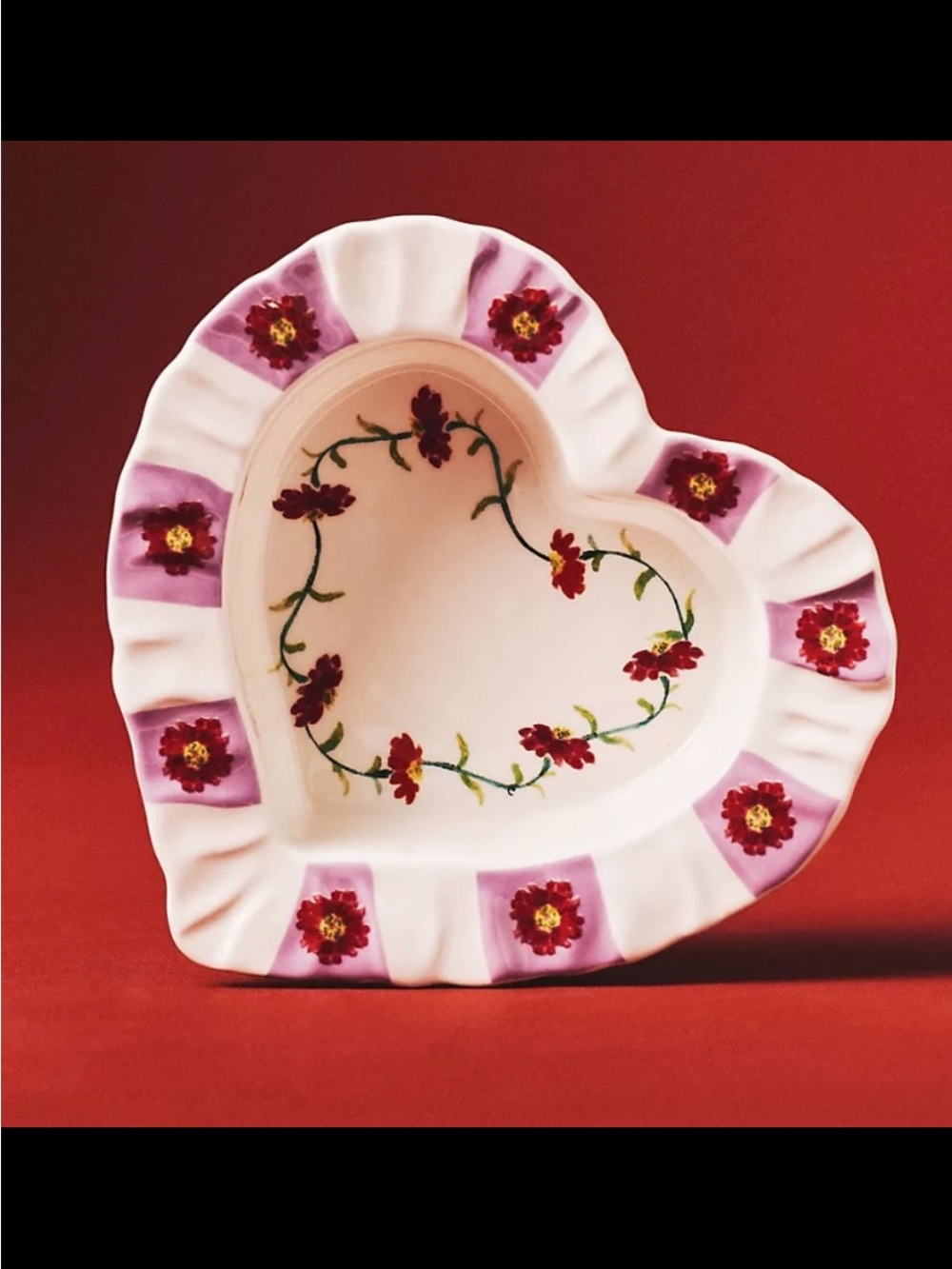 Heart-Shaped Stoneware Ramekin. White with Pink & Red Flowers